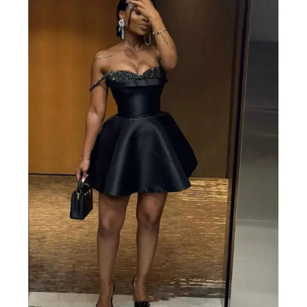 Luxe Black Off-The-Shoulder Rhinestone Trim Sweetheart A Line Short Mini Homecoming Dress AS1292