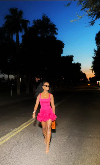 Chic Hot Pink Square Neck Straps Ruched Ruffle Hem Bodycon Mini Homecoming Dress AS1293