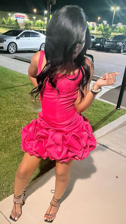 Chic Hot Pink Square Neck Straps Ruched Ruffle Hem Bodycon Mini Homecoming Dress AS1293