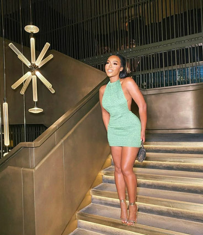 Chic Mint Green Halter Neck Open Back Sparkle Bodycon Mini Homecoming Dress AS1294