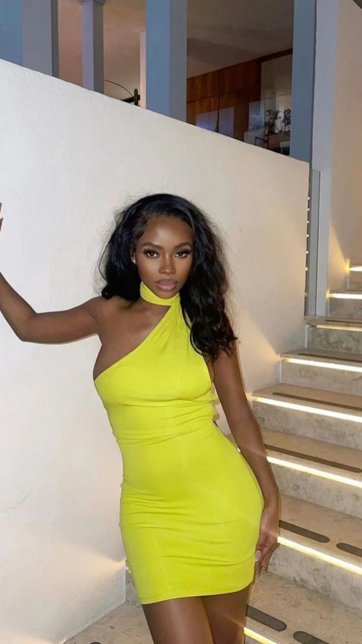 Chic Lemon Yellow Halter Sleeveless Backless Bodycon Mini Homecoming Dress AS1295