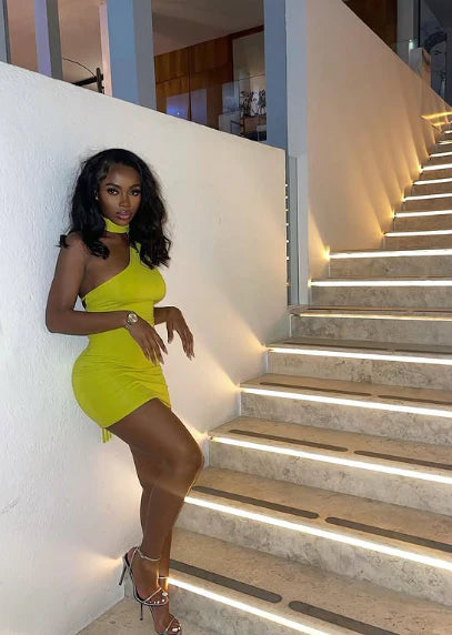 Chic Lemon Yellow Halter Sleeveless Backless Bodycon Mini Homecoming Dress AS1295