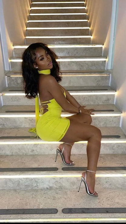 Chic Lemon Yellow Halter Sleeveless Backless Bodycon Mini Homecoming Dress AS1295