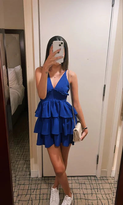 Elegant Royal Blue Deep V Spaghetti Straps Tier Ruffle Trim A Line Short Homecoming Dress AS1297