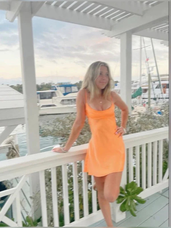 Chic Bright Orange Spaghetti Straps Low Scoop Neck Satin Sheath Mini Homecoming Dress AS1300