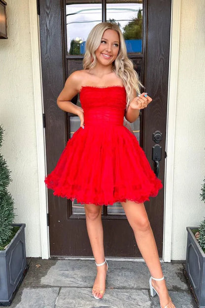 Sweet Red Strapless Tulle A Line Short Homecoming Dresses With Detachable Short Puff Sleeves AS1303