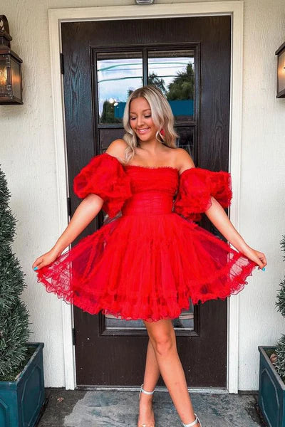 Sweet Red Strapless Tulle A Line Short Homecoming Dresses With Detachable Short Puff Sleeves AS1303