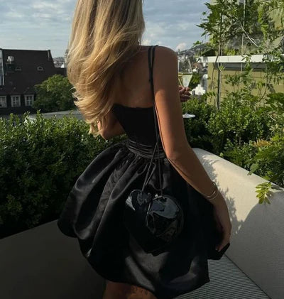 Sleek Black Strapless Satin A Line Bubble Short Homecoming Dress AS1304