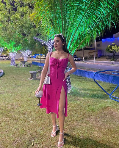 Chic Hot Pink Spaghetti Straps Ruched Drawstring Bust High Side Slit A Line Midi Homecoming Dress AS1305