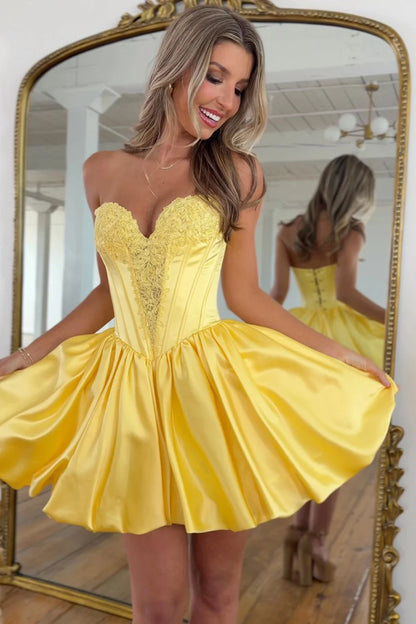 Cute Yellow Strapless Sweetheart Neck Floral Lace Corset A-Line Short Homecoming Dress AS1310