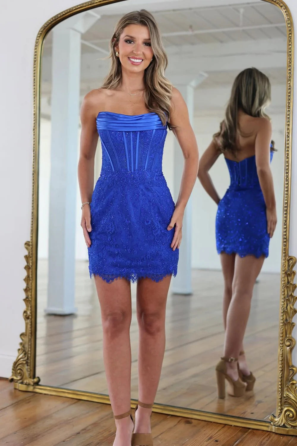 Sparkle Royal Blue Strapless Corset Short Bodycon Homecoming Dress With Beaded Lace Appliques AS1313