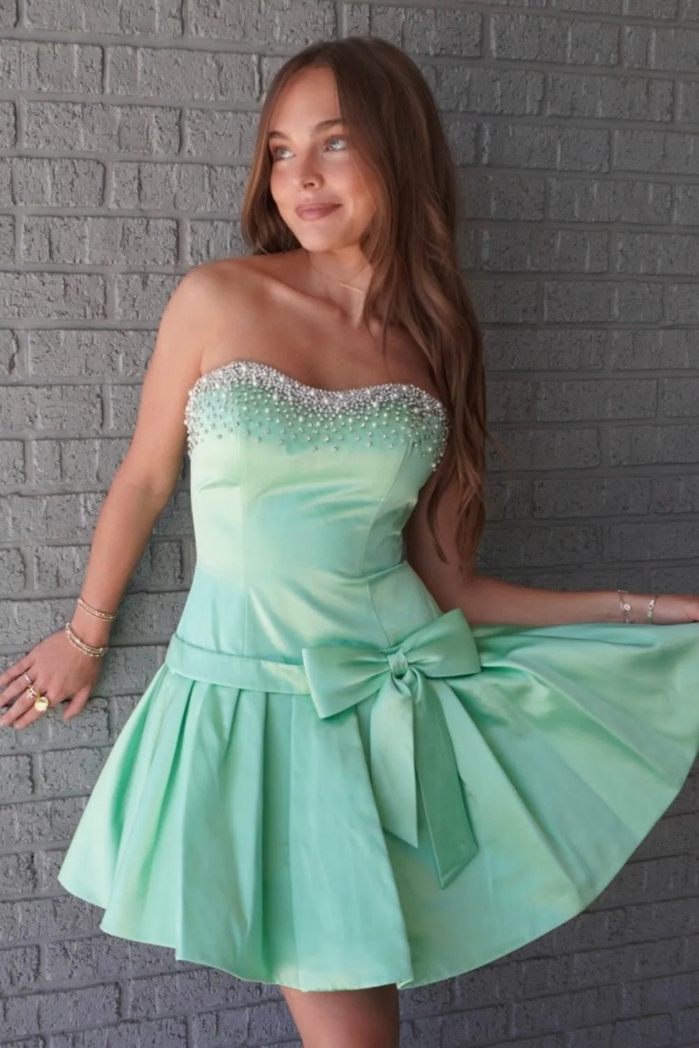 Gorgeous Mint Green Strapless A Line Short Homecoming Dress With Beaded Neckline And Bow AS1315