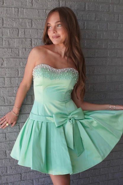 Gorgeous Mint Green Strapless A Line Short Homecoming Dress With Beaded Neckline And Bow AS1315