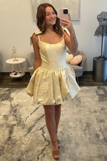 Chic Champagne Jacquard Bow Straps A Line Bubble Hem Short Homecoming Dress AS1318