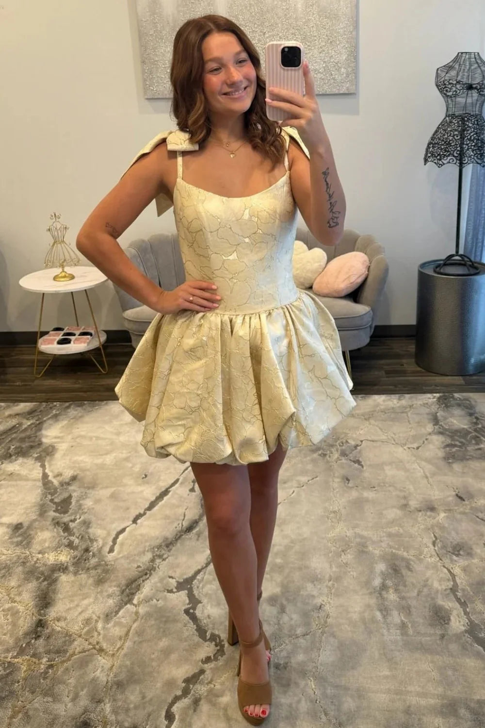 Chic Champagne Jacquard Bow Straps A Line Bubble Hem Short Homecoming Dress AS1318