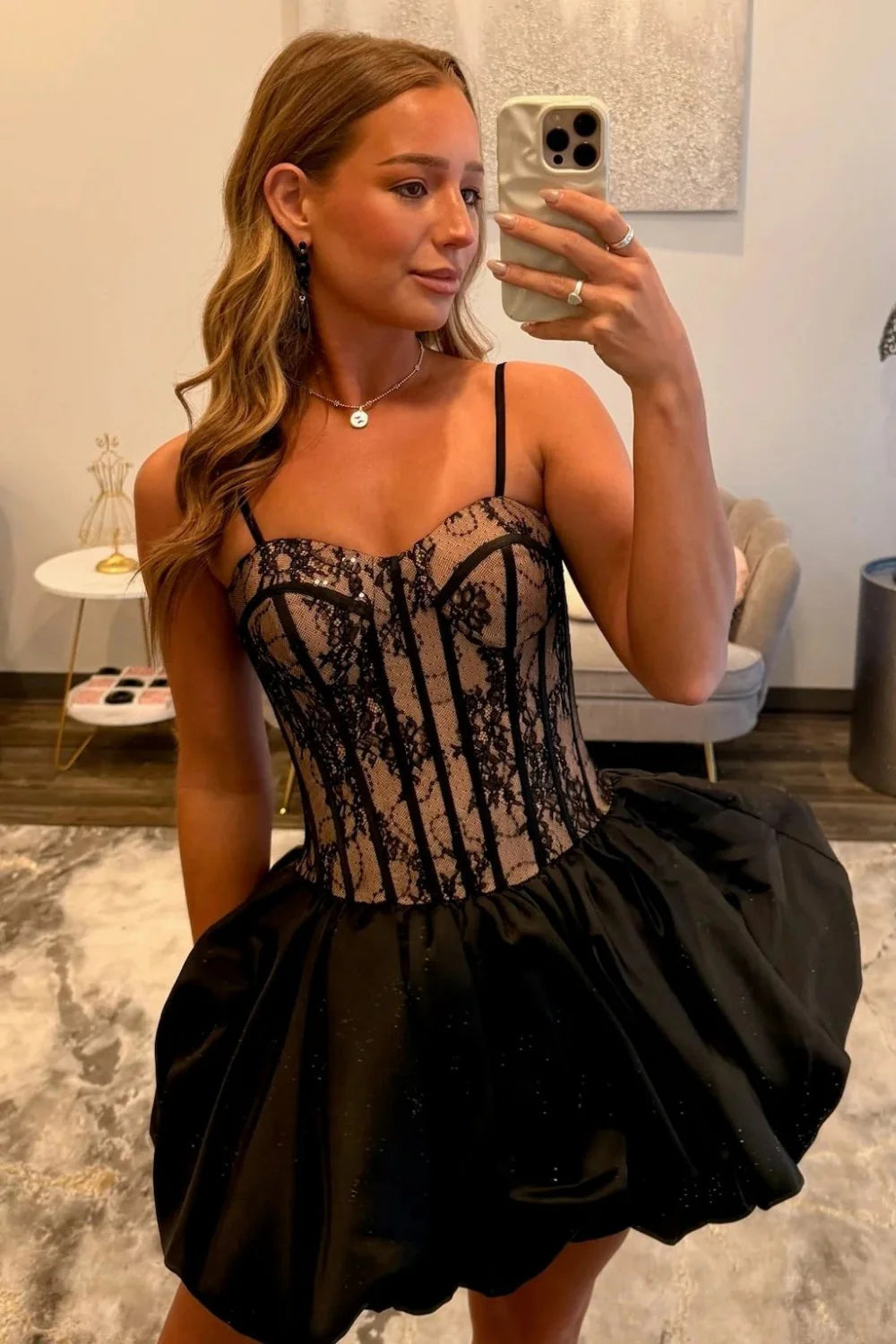 Glam Black Spaghetti Straps Lace Corset A Line Bubble Hem Short Homecoming Dress AS1319