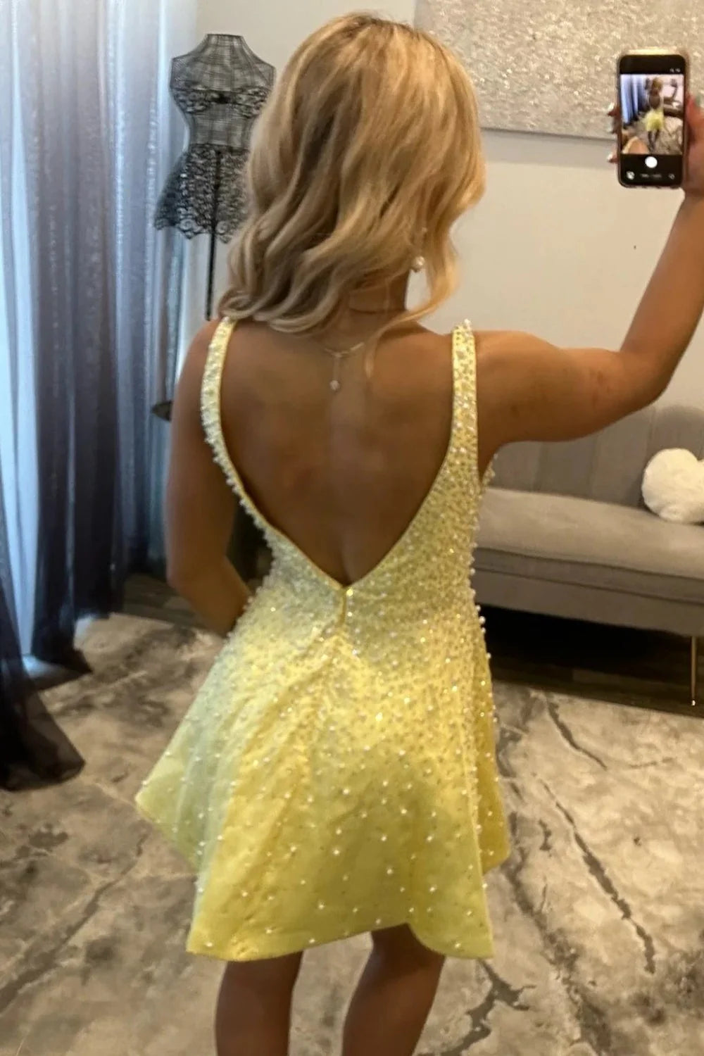 Chic Yellow V Neck Straps Sparkly Beaded A-Line Short Homecoming Dress AS1320