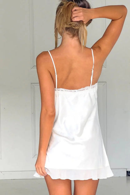 Elegant White Lace Trim Spaghetti Straps V Neck Satin A Line Mini Homecoming Dress AS1322