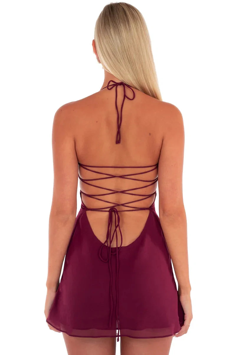 Stylish Burgundy Halter Neck Criss Cross Back Short A Line Homecoming Dress AS1327