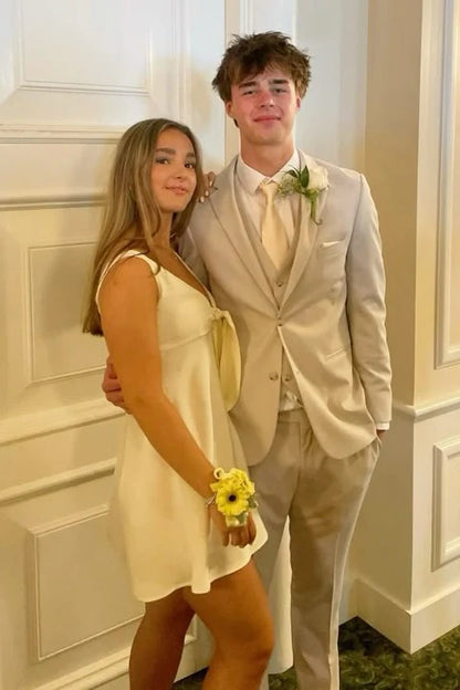 Pretty V Neck Straps Light Yellow A Line Short Homecoming Dress With Bowknot AS1328