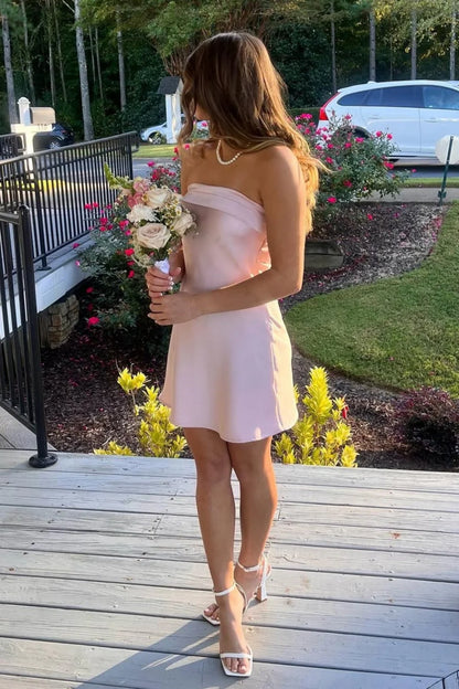 Stunning A Line Strapless Light Pink Mini Party Dress With Ruched AS133