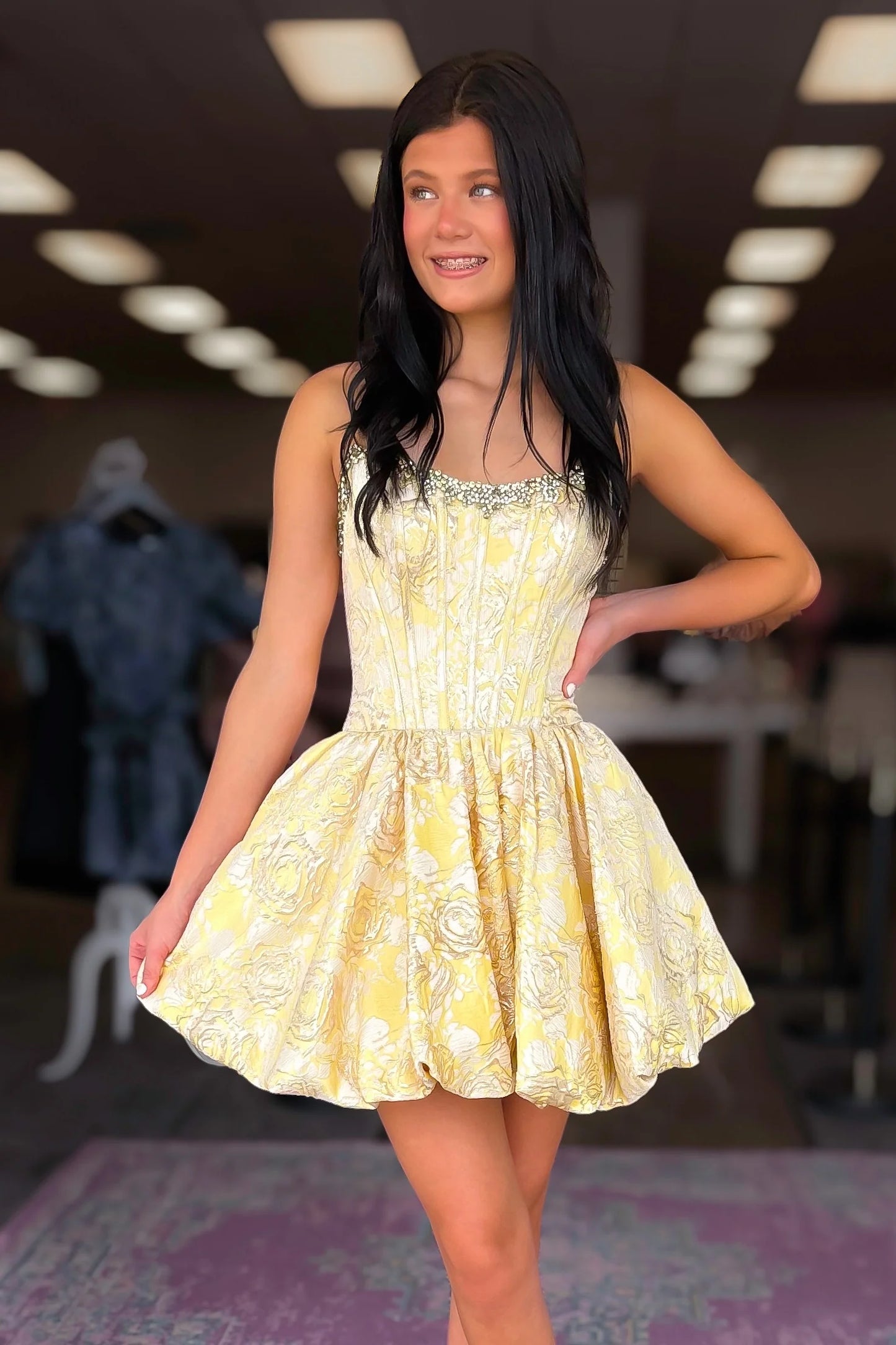 Pretty Light Yellow Beading Strapless Corset A Line Short Homecoming Dress AS1330