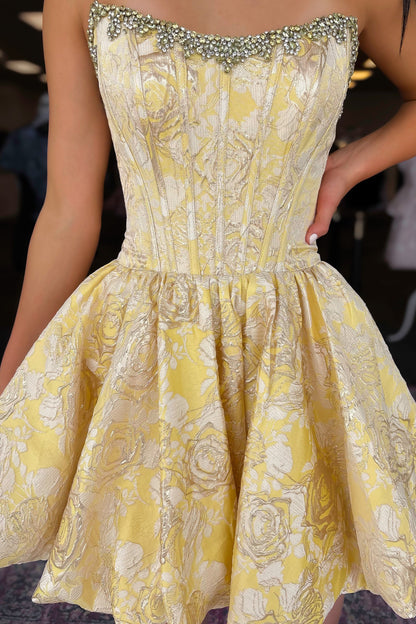 Pretty Light Yellow Beading Strapless Corset A Line Short Homecoming Dress AS1330