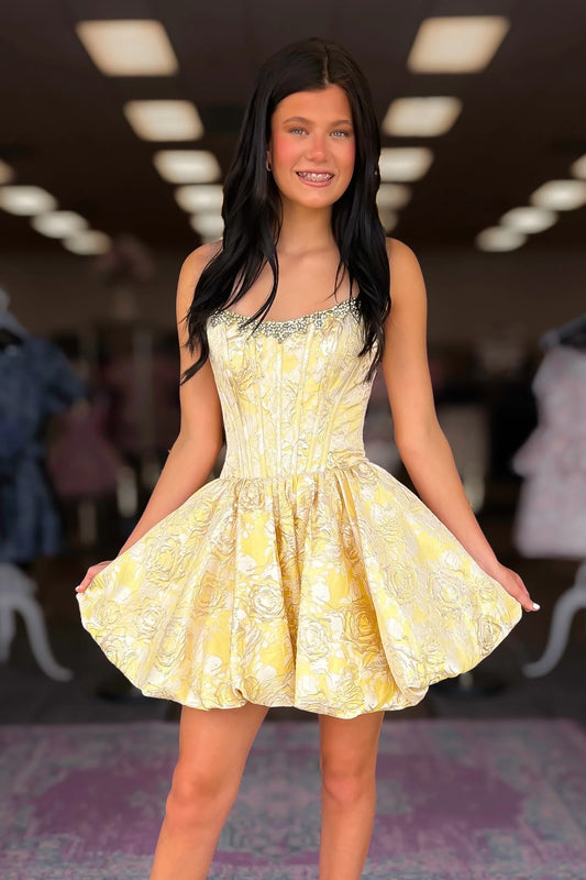 Pretty Light Yellow Beading Strapless Corset A Line Short Homecoming Dress AS1330
