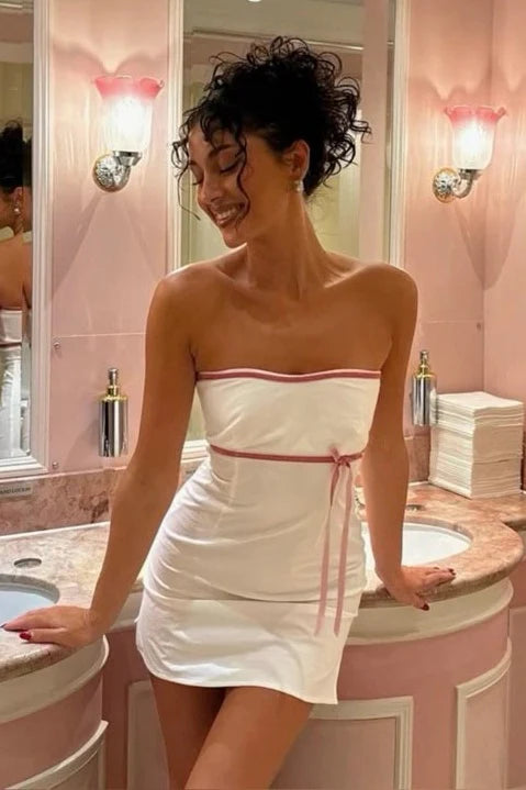 Cute White Strapless Short Bodycon Homecoming Dress With Bowknot AS1331