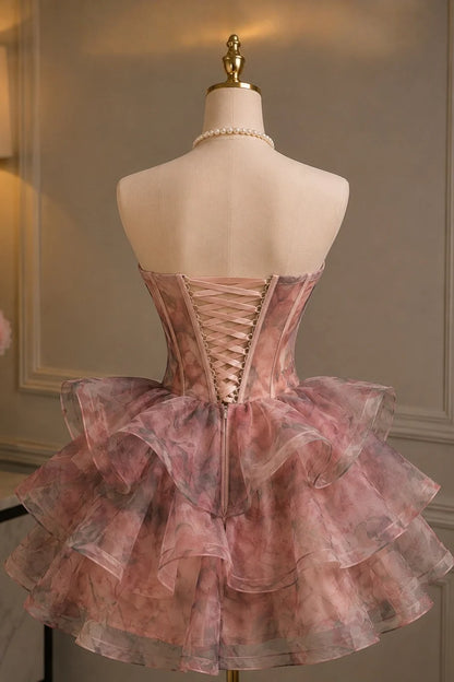 Gorgeous Pink Runched Sweetheart Neck Floral Printed Corset A Line Short Homecoming Dress AS1336
