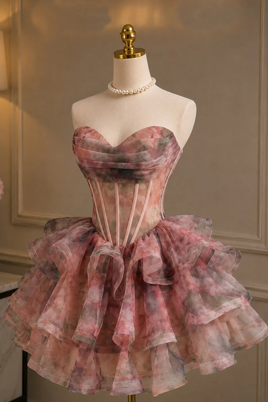 Gorgeous Pink Runched Sweetheart Neck Floral Printed Corset A Line Short Homecoming Dress AS1336