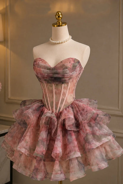 Gorgeous Pink Runched Sweetheart Neck Floral Printed Corset A Line Short Homecoming Dress AS1336
