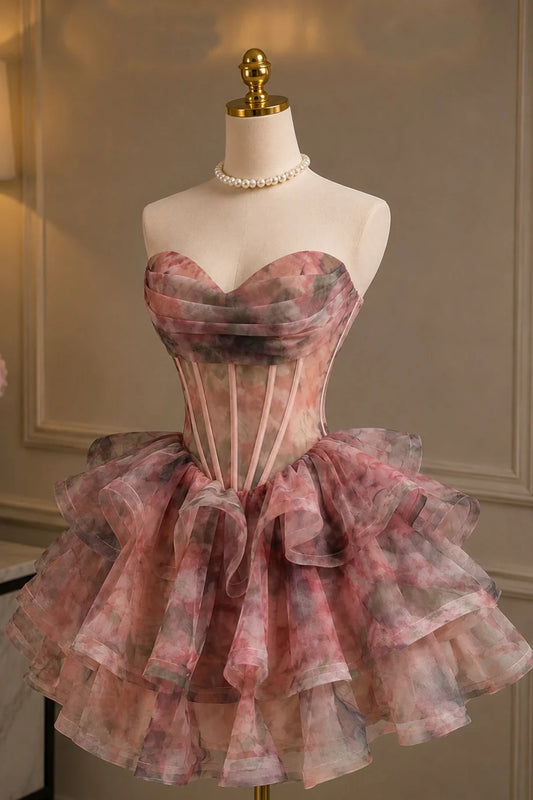 Gorgeous Pink Runched Sweetheart Neck Floral Printed Corset A Line Short Homecoming Dress AS1336