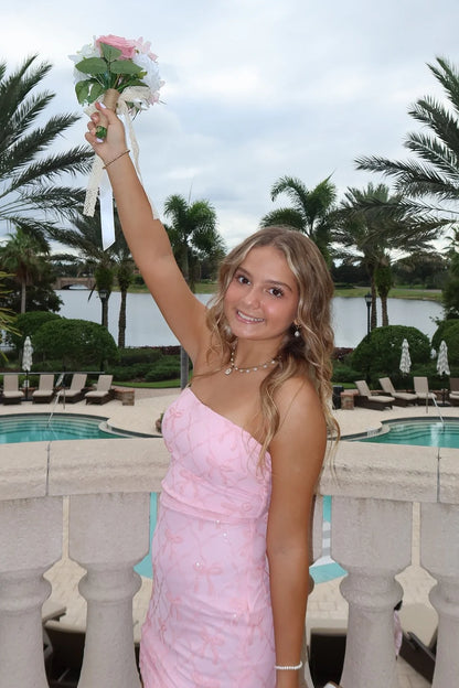 Cute Strapless Light Pink Bow Sequin Short Bodycon Homecoming Dress AS1340