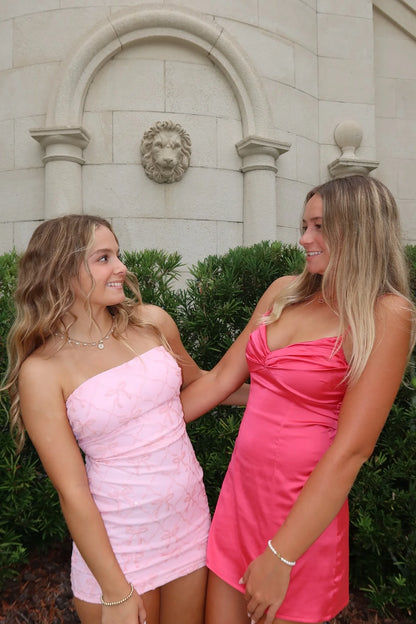 Cute Strapless Light Pink Bow Sequin Short Bodycon Homecoming Dress AS1340