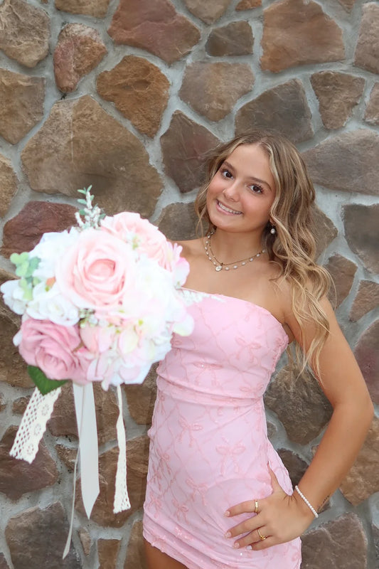 Cute Strapless Light Pink Bow Sequin Short Bodycon Homecoming Dress AS1340