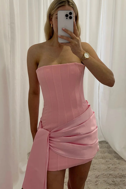 Charming Strapless Pink Corset Ruched Bodycon Homecoming Dress With Long Side Sash AS1342