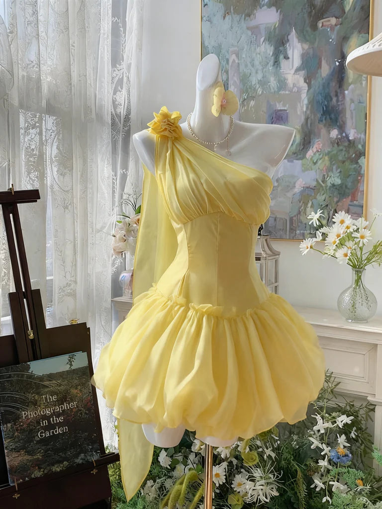 Glam Yellow One Shoulder Floral Detail Satin Corset Bubble Tulle A Line Short Homecoming Dress AS1348