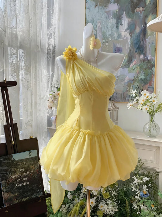 Glam Yellow One Shoulder Floral Detail Satin Corset Bubble Tulle A Line Short Homecoming Dress AS1348