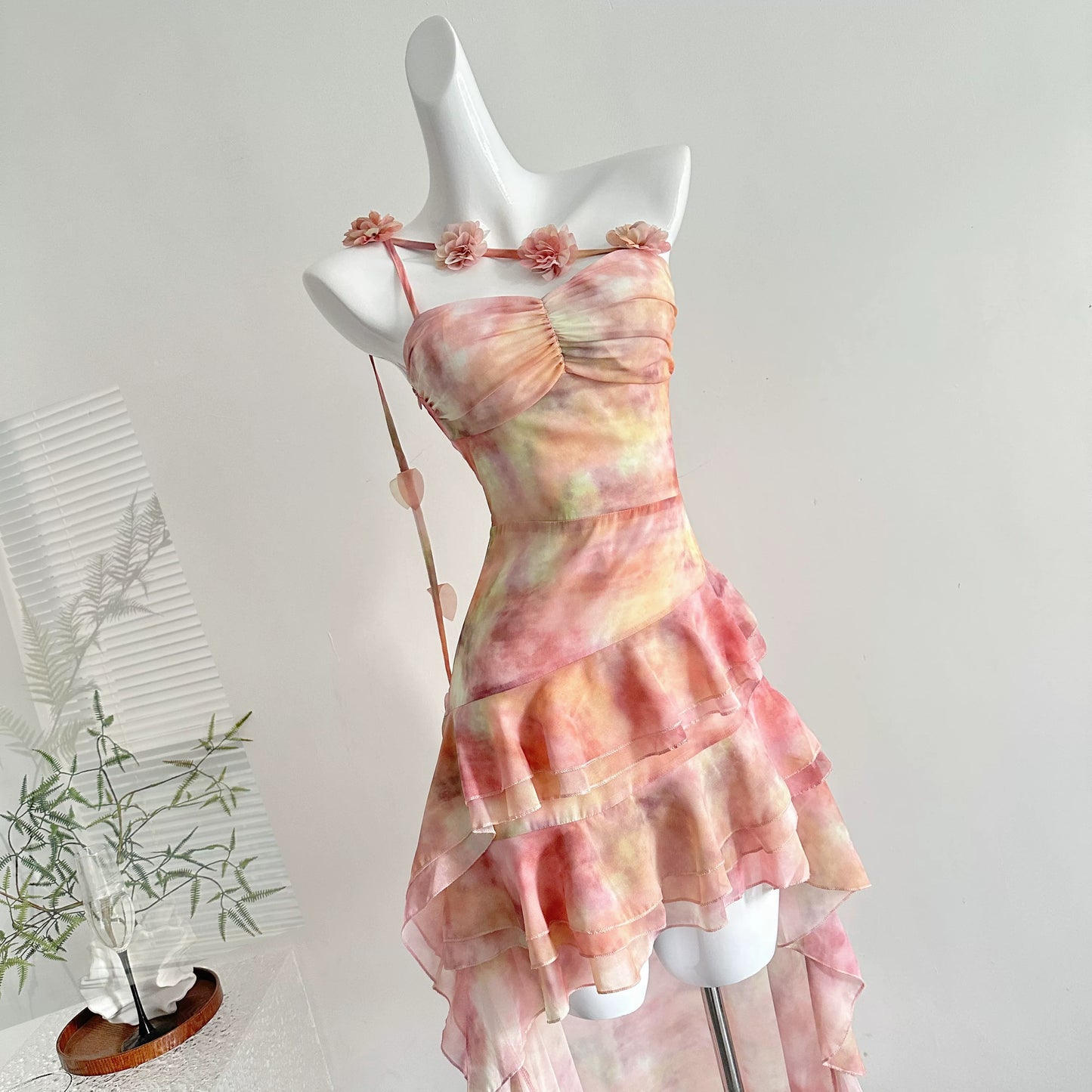 Dreamy Pink Watercolor 3D Floral One Shoulder Spaghetti Straps Ruched Bust Tiered Ruffle High Low Chiffon A Line Short Homecoming Dress AS1349