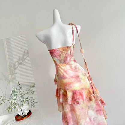 Dreamy Pink Watercolor 3D Floral One Shoulder Spaghetti Straps Ruched Bust Tiered Ruffle High Low Chiffon A Line Short Homecoming Dress AS1349