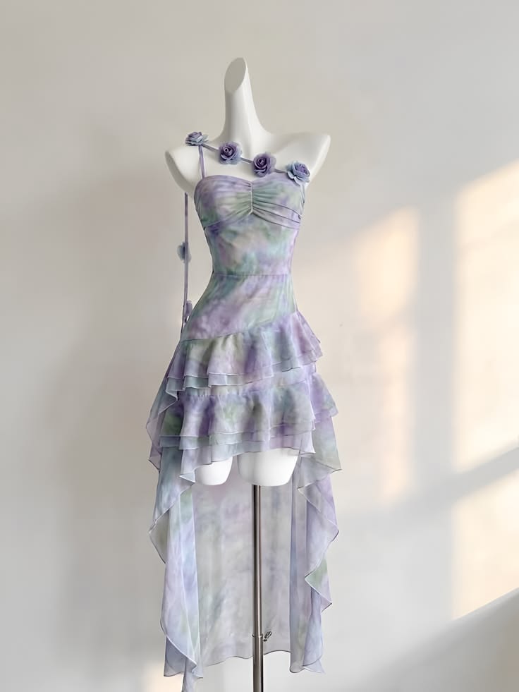 Dreamy Pink Watercolor 3D Floral One Shoulder Spaghetti Straps Ruched Bust Tiered Ruffle High Low Chiffon A Line Short Homecoming Dress AS1349