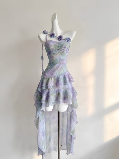 Dreamy Pink Watercolor 3D Floral One Shoulder Spaghetti Straps Ruched Bust Tiered Ruffle High Low Chiffon A Line Short Homecoming Dress AS1349