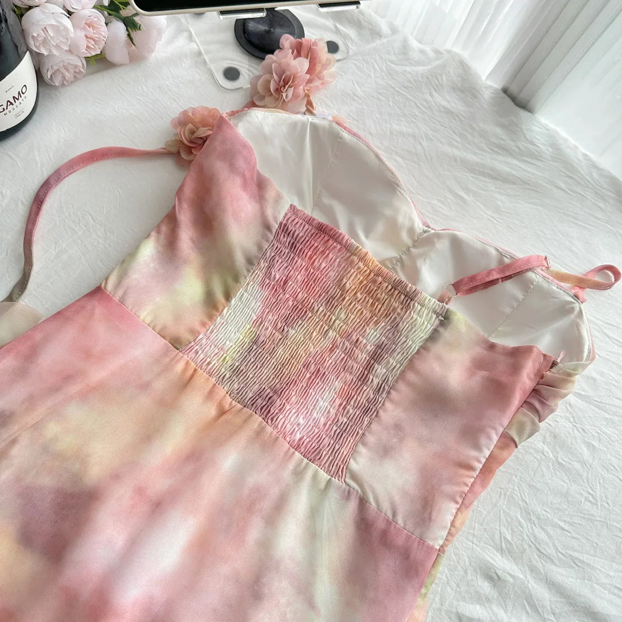 Dreamy Pink Watercolor 3D Floral One Shoulder Spaghetti Straps Ruched Bust Tiered Ruffle High Low Chiffon A Line Short Homecoming Dress AS1349