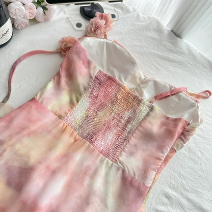 Dreamy Pink Watercolor 3D Floral One Shoulder Spaghetti Straps Ruched Bust Tiered Ruffle High Low Chiffon A Line Short Homecoming Dress AS1349