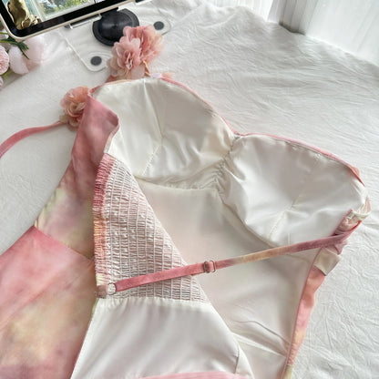 Dreamy Pink Watercolor 3D Floral One Shoulder Spaghetti Straps Ruched Bust Tiered Ruffle High Low Chiffon A Line Short Homecoming Dress AS1349