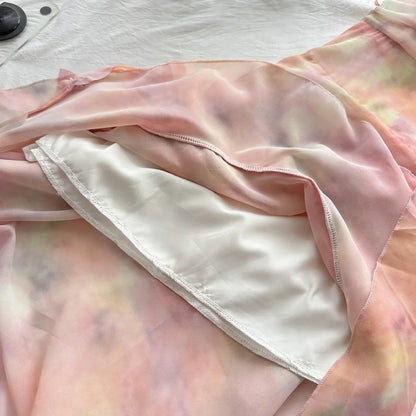 Dreamy Pink Watercolor 3D Floral One Shoulder Spaghetti Straps Ruched Bust Tiered Ruffle High Low Chiffon A Line Short Homecoming Dress AS1349