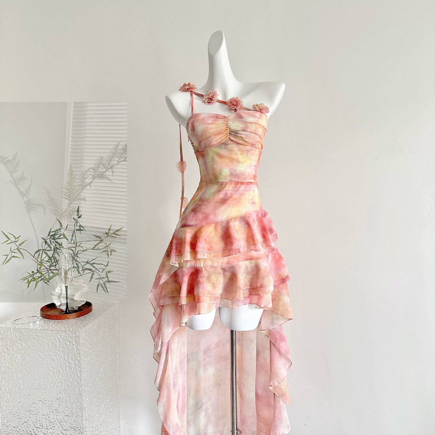 Dreamy Pink Watercolor 3D Floral One Shoulder Spaghetti Straps Ruched Bust Tiered Ruffle High Low Chiffon A Line Short Homecoming Dress AS1349