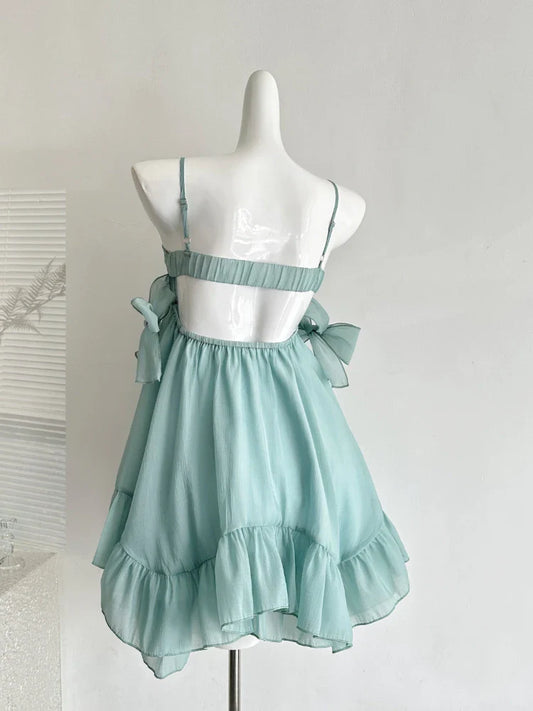 Chic Mint Thin Spaghetti Straps Sheer Chiffon Off Shoulder Bow Sweetheart A Line Ruffle Short Homecoming Dress AS1350