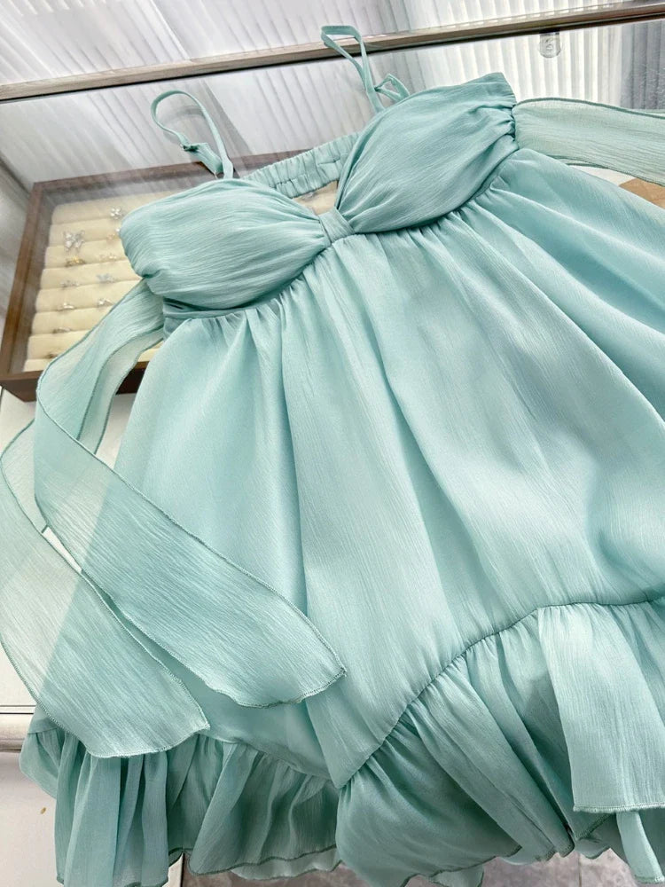 Chic Mint Thin Spaghetti Straps Sheer Chiffon Off Shoulder Bow Sweetheart A Line Ruffle Short Homecoming Dress AS1350